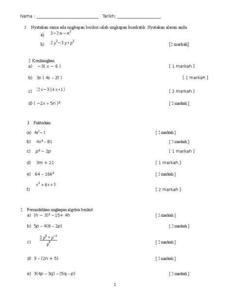 Soalan Latihan Ungkapan Algebra Tingkatan 1 Image