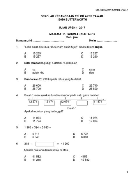 Soalan Matematik Tahun 4 Ujian Mac Image